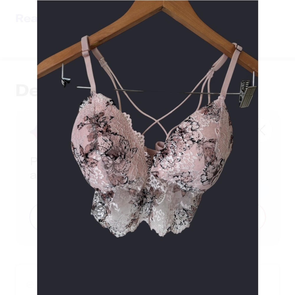 Pink and Black Floral Lace Bra with Adjustable Straps